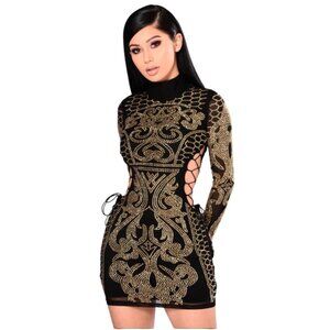 Fashion Nova Sequin Gold Lace Up Bodycon Midi Dress Size M Party Club Statement